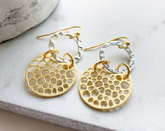 CLEARANCE, Gold and Silver Earrings, Circle Earrings, Gold Earrings, Textured Earrings, Everyday Earrings