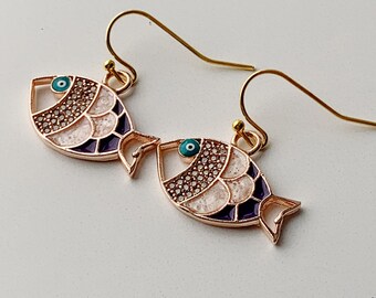 Gift Set, Fish Necklace and Earrings, Enameled Fish Earrings, Pink Fish Necklace, Pave Earrings, Beach Earrings, Gift For Her, Gift For Mom