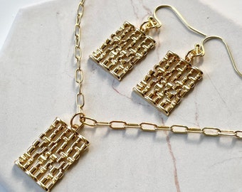 Gift Set, Dainty Jewelry Set, Basket Weave Necklace, Basket Weave Earrings, Necklace Earrings Set, Geometric Earrings, Gift For Her