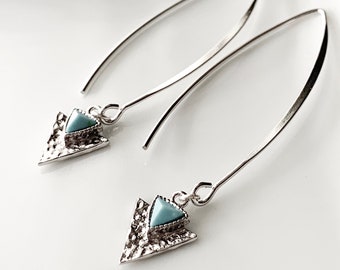 Turquoise Earrings, Triangle Earrings, Silver Hammered Earrings, Silver Drop Earrings, Blue Dangle Earrings, Marquise Earrings