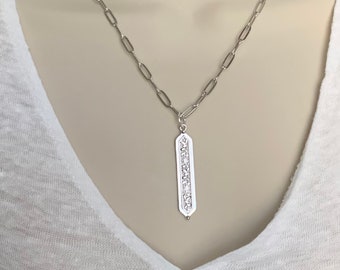 Silver Bar Necklace, Flower Necklace, Dainty Necklace, Paperclip Chain, Flower Charm Necklace, Gift For Her, Christmas For Her