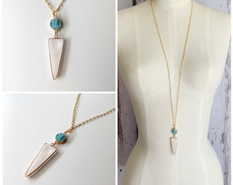 Quartz Necklace, Druzy Necklace, Long Pendant Necklace, Triangle Necklace, Stone Necklace, Boho Necklace, Pendant Necklace, Gold Necklace