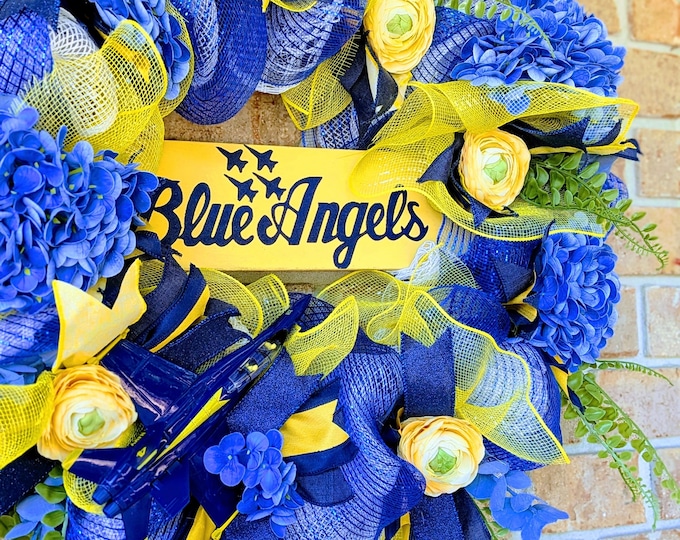 Featured listing image: Blue Angels Wreath | Handmade 24” Mesh & Floral Door Décor | Navy and Yellow Patriotic Wreath | Aviation Home Décor | Military Gift