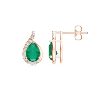 May include: A pair of rose gold stud earrings featuring a pear-shaped green gemstone surrounded by a halo of small white diamonds. The earrings have a post back closure and a visible side profile showing the metal setting and the gemstone depth.