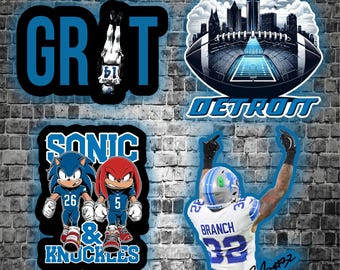 May include: A collage of Detroit Lions themed stickers featuring a football field, a player in a blue jersey, a Sonic the Hedgehog and Knuckles character design, and a logo with the text "Detroit Lions" and "313".
