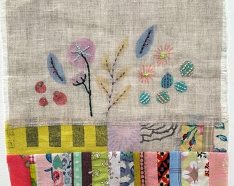 Embroidery of modern flowers with patchwork, textile wall art
