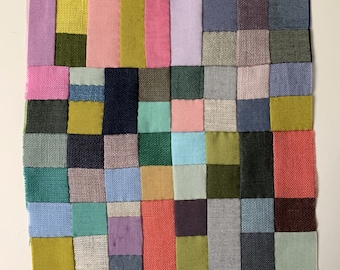 Patchwork hand sewn textile art piece, mini patchwork, colour study, abstract composition