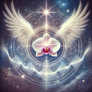 May include: Digital art featuring a white orchid with a magenta center, set against a celestial background. The image includes stylized angel wings, concentric circles, and a bright star, creating a spiritual or ethereal theme.