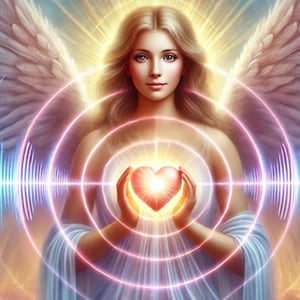 Könnte beinhalten: Eine Frau mit langen blonden Haaren und einem weißen Kleid hält ein leuchtend rotes Herz in ihren Händen. Sie ist umgeben von konzentrischen Lichtkreisen, die eine spirituelle und engelhafte Atmosphäre schaffen.