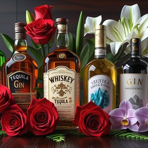 May include: An arrangement of liquor bottles, including whiskey, tequila, and gin, surrounded by red roses, white lilies, and purple orchids. The bottles have labels with the names of the spirits. The scene is set on a dark wooden surface.