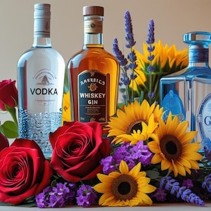 May include: An arrangement of liquor bottles, including vodka, whiskey gin, and a bouquet of red roses, sunflowers, and lavender. The vodka bottle has a silver cap and the gin bottle is blue. The whiskey bottle has a brown cap.