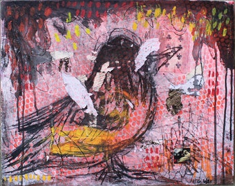 Mixed Media "Graffiti Bird and the Nine of Clubs" Painting Drawing Collage on Canvas Board