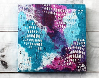 Turquoise, Magenta, and White Abstract Wooden Canvas Painting Mixed Media Collage