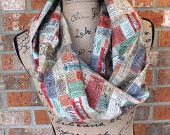 Vintage Ticket Stub Fabric in Beige, Orange, Gray and Green Cotton Infinity Scarf