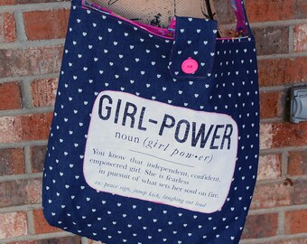 Girl Power Upcycled Tshirt Heart Denim Tote Bag with Button Closure