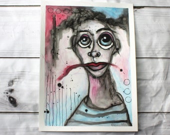 Mixed Media "Agnes" Watercolor, Ink and Water Soluble Pencil Painting Drawing