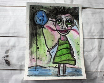 Mixed Media "Gertrude" Watercolor, Ink and Water Soluble Pencil Painting Drawing