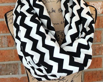 Black and Off White Cream Chevron Cotton Knit Infinity Scarf Gift Under 20 Dollars Ready to Ship