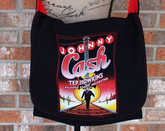 Johnny Cash OOAK Upcycled Concert T-shirt Cross Body Messenger Bag in Red and Black Ready to Ship