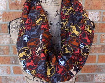 Brown, Orange, Rust, Gray, And Yellow Deer Cotton Fall Infinity Scarf Gift Under 20 Dollars Ready to Ship