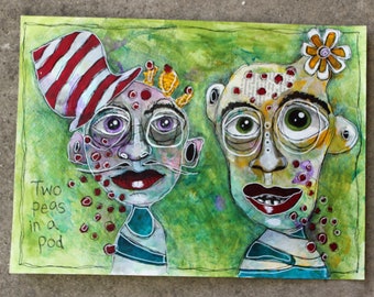 Imperfectly Perfect Faces Mixed Media Painting, Two Peas in a Pod