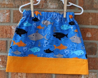 Shark Girl Power Blue and Orange Cotton Skirt Size 2T Ready to Ship