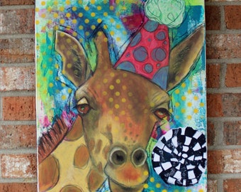 Mixed Media Painting "And the Giraffe Joined the Party" Drawing 16x20 in Gallery Wrapped Canvas