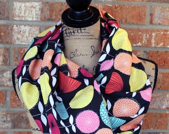 Black, Pink, Yellow, and Turquoise Floral Cotton Infinity Scarf Ready to Ship