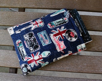 Retro English British Small 9x7.5 inch Padded Foam Fully Lined Book Sleeve With Guitars, Flags, Records, Boomboxs, and High Tops