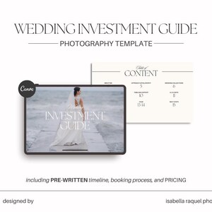CANVA Wedding Photography Services & Pricing Guide Template with Content, Pre-Written Client Guide, and Customizable Investment Brochure.