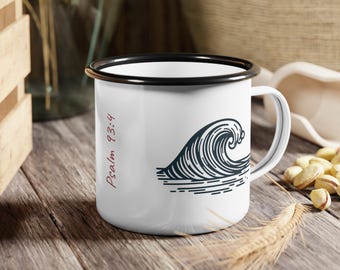 Ocean Wave Enamel Camp Cup, 12 oz - Adventure Mug with Bible Reference Psalm 93:4 Wave Design, Enamel Travel Cup, Christian Mug For Campers