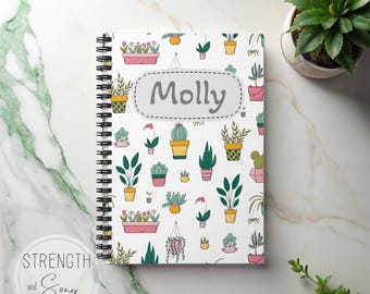Spersonalizowany spiralny notatnik z roślinami doniczkowymi – dziennik na zamówienie, 118 stron w linie (59 arkuszy), kieszeń na dokumenty, kompaktowy rozmiar: 6" x 8"