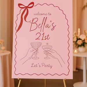 Letrero de bienvenida para 21 cumpleaños / Plantilla de Canva para letrero de fiesta rosa y rojo / Descarga digital editable / Decoración para noche de chicas o cóctel