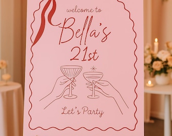 21st Birthday Welcome Sign | Pink & Red Party Sign Canva Template | Editable Digital Download | Girls Night or Cocktail Party Decor
