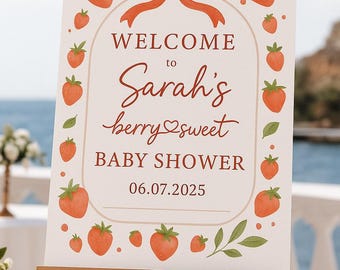 Berry Sweet Baby Shower Welcome Sign Template | Editable Canva Printable | Strawberry Theme
