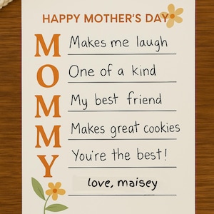 Poema Acróstico Editável para o Dia das Mães | Planilha para Imprimir MOMMY para Crianças | Atividade de Lembrança para Download Instantâneo | Modelo Canva