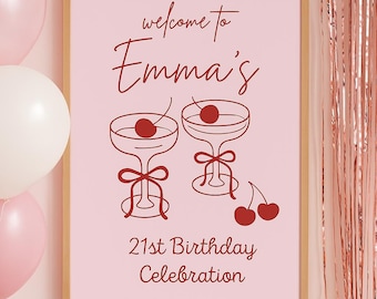 Cherry 21st Birthday Welcome Sign | Editable Party Decor | Pink Red Cocktail Canva Template | Printable Digital Download Sign