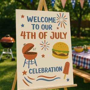 4th of July Welcome Sign Template | Backyard BBQ Party Sign | Editable Canva Printable