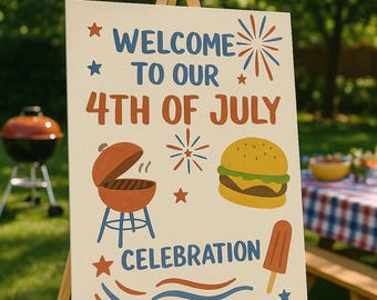 4th of July Welcome Sign Template | Backyard BBQ Party Sign | Editable Canva Printable