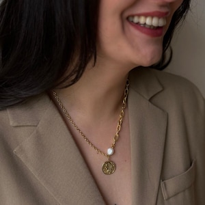 Chunky Gold Coin Necklace with Baroque Pearl Details • Vintage-inspired Bohemian Jewelry, Elegant Handmade Accessory for Women Gift