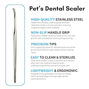 Op de afbeelding: Een roestvrijstalen tandsteenverwijderaar voor huisdieren met een gebogen punt en een getextureerde handgreep. De afbeelding bevat tekst die "Pet's Dental Scaler" luidt.