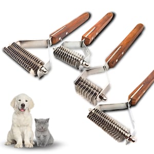 May include: Several pet grooming tools with wooden handles and stainless steel blades are displayed. A golden retriever puppy and a gray kitten are sitting together in the lower left corner of the image.