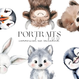 Retratos de animais do Ártico em aquarela Clipart - Arte fofa de berçário de vida selvagem, decoração de quarto de bebê, ilustrações de coelho e pinguim-puffin
