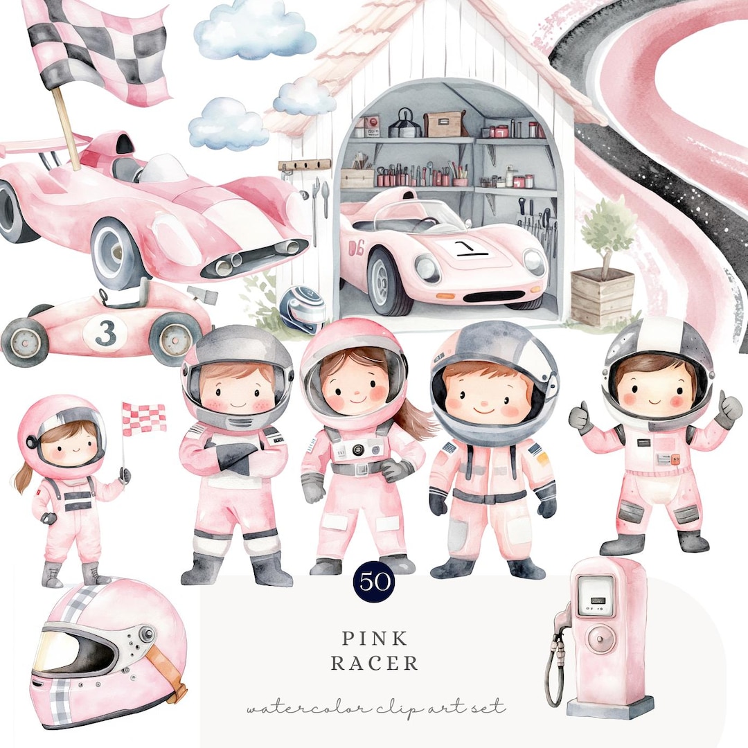 Watercolor Pink Race Car Clipart Set Girl Racer PNG Bundle With Drivers ...