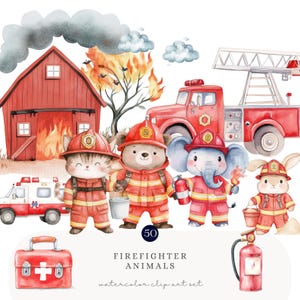 Set di clipart di animali pompieri ad acquerello - Illustrazioni carine di camion dei pompieri, caserma dei pompieri e animali da soccorso per bambini, USO COMMERCIALE INCLUSO
