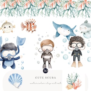 Niedliches Scuba Aquarell Clipart Bundle | Entzückende Taucher, Meeresbewohner & Unterwasserelemente mit kommerzieller Lizenz | Kinderparty