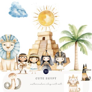 Niedliches Ägypten Aquarell Clipart Bundle | Entzückende alte ägyptische Charaktere und Elemente mit kommerzieller Lizenz | TRANSPARENTER HINTERGRUND