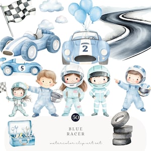 Aquarel racewagen clipart bundel blauw Racing Party jongens verjaardag PNG set met coureurs helmen vlaggen banden ballonnen COMMERCIEEL GEBRUIK