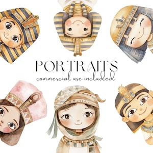 Pacchetto di clipart di ritratti egiziani ad acquerello / Personaggi antichi di faraoni carini con licenza commerciale / SFONDO TRASPARENTE educativo