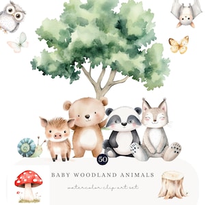 Clipart de guardería de animales del bosque con acuarelas caprichosas / Descarga digital, arte de pared para guardería, decoración para baby shower